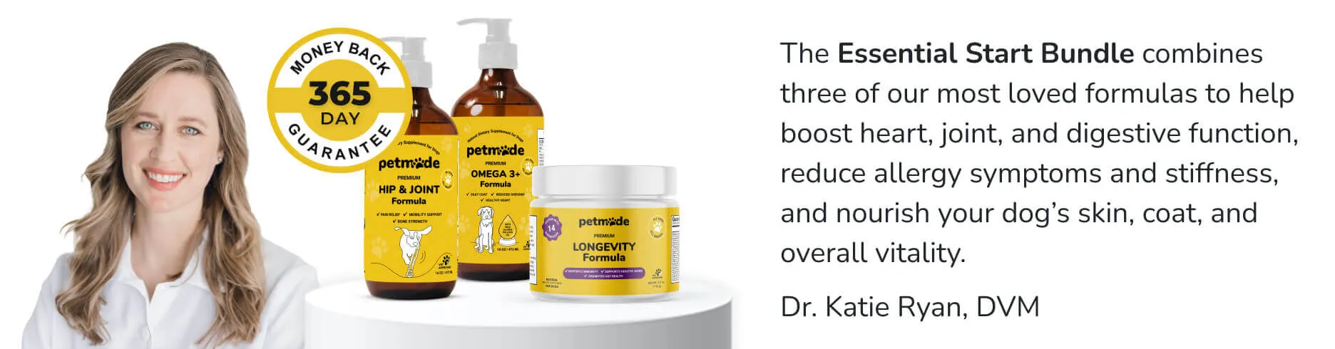 Dr. Katie Ryan with PetMade Essential Start Bundle, featuring a 365-day money-back guarantee