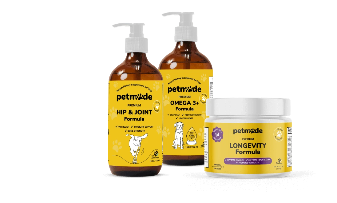 Three jars of PetMade Longevity Formula supplements