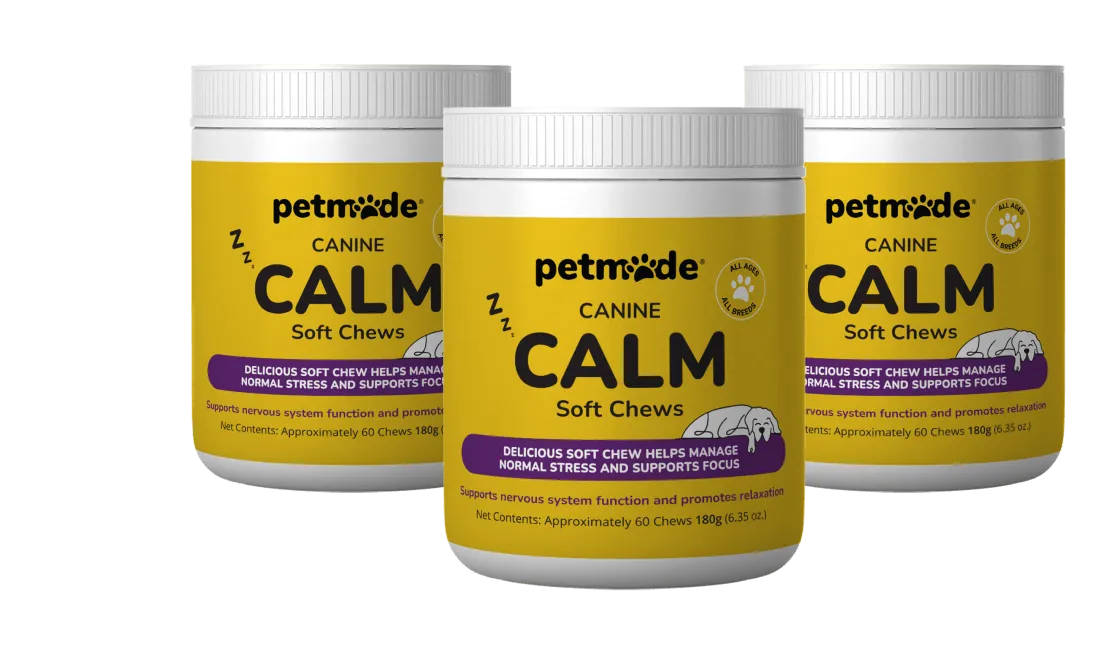 Three jars of PetMade Calm Soft Chews supplements