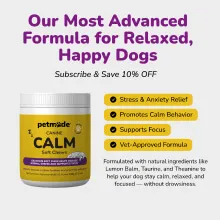 PetMade® Calm Soft Chews jar with listed benefits
