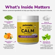 PetMade® Calm Soft Chews jar with key calming ingredients