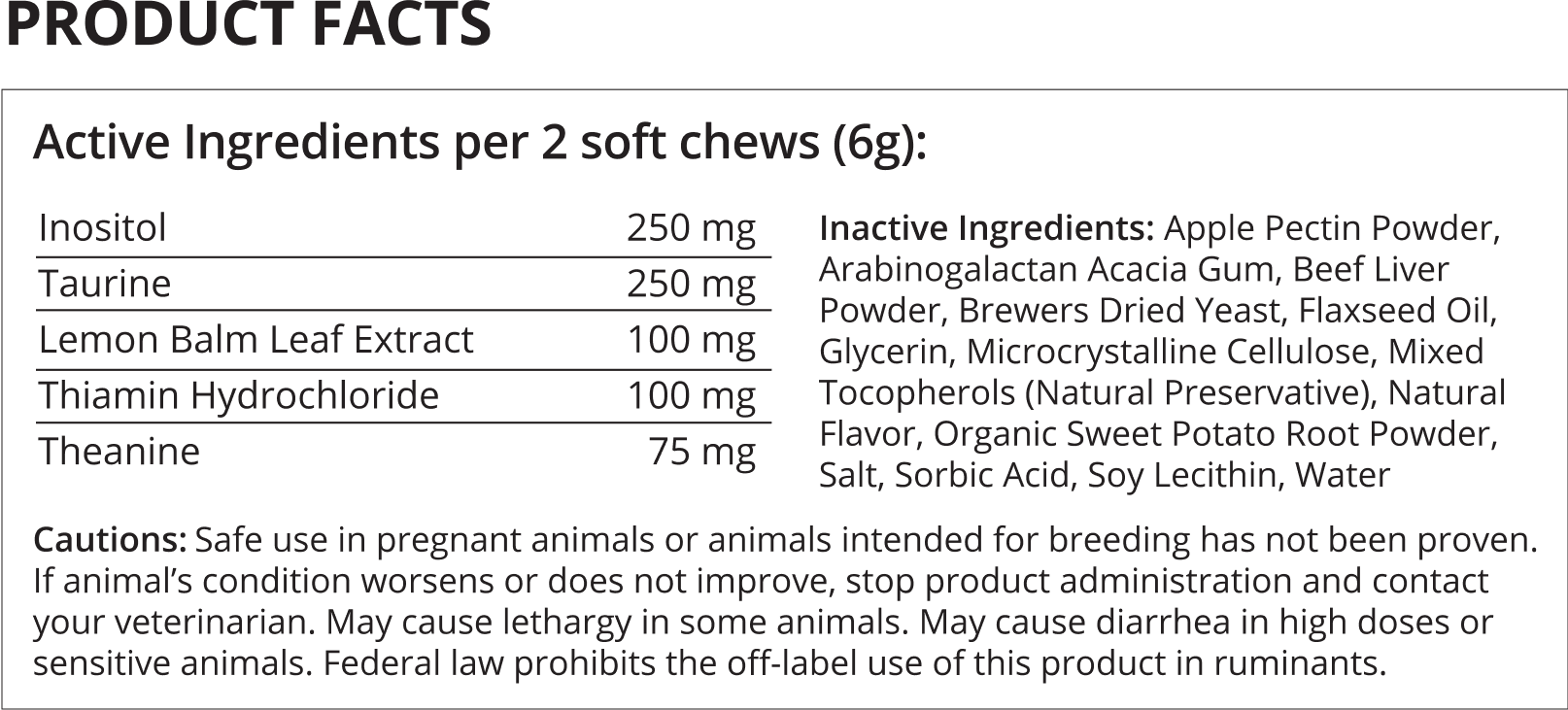 A label listing the guaranteed analysis of Calm Soft Chews supplement