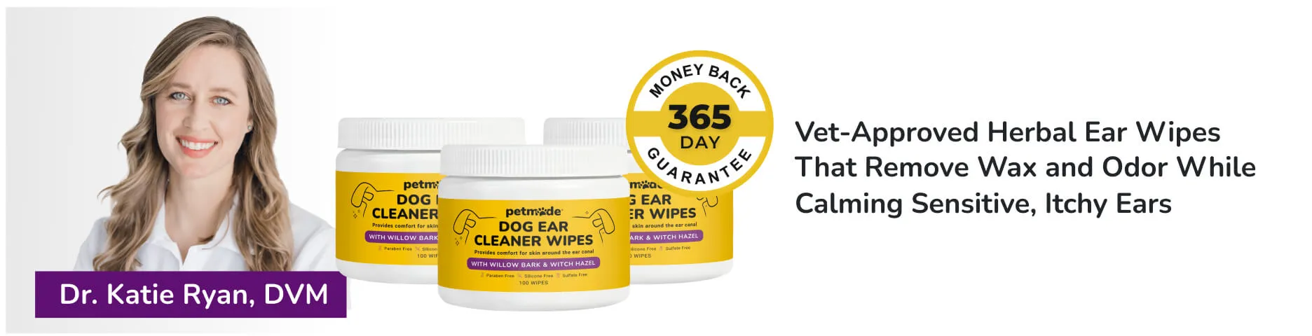 PetMade Dog Ear Cleaner Wipes banner with Dr. Katie Ryan