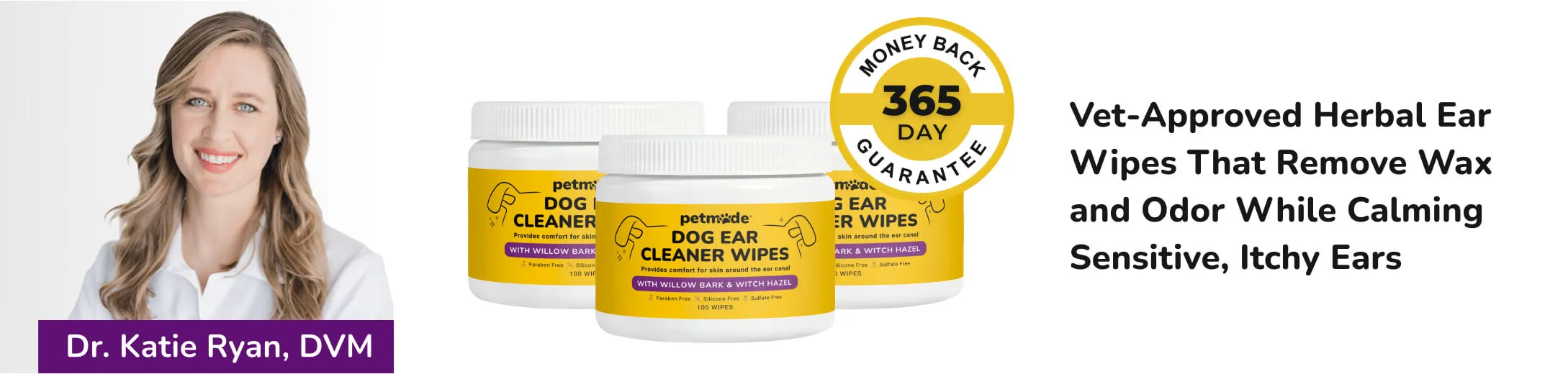 PetMade Dog Ear Cleaner Wipes banner with Dr. Katie Ryan
