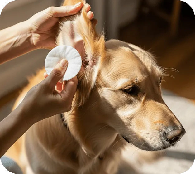 Person cleaning a golden retriever’s ear with a cotton pad