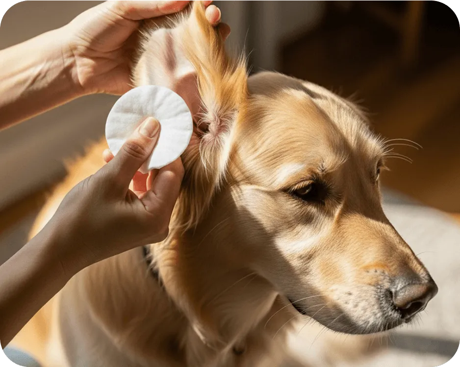 Person cleaning a golden retriever’s ear with a cotton pad