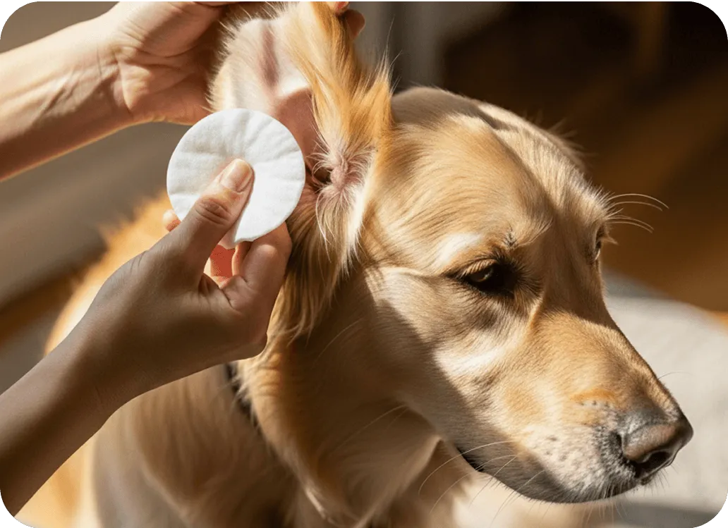 Person cleaning a golden retriever’s ear with a cotton pad