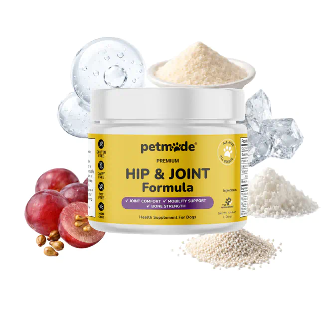 A jar of PetMade Premium Hip & Joint Formula for dogs with ingredients displayed around it