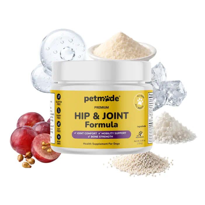 A jar of PetMade Premium Hip & Joint Formula for dogs with ingredients displayed around it