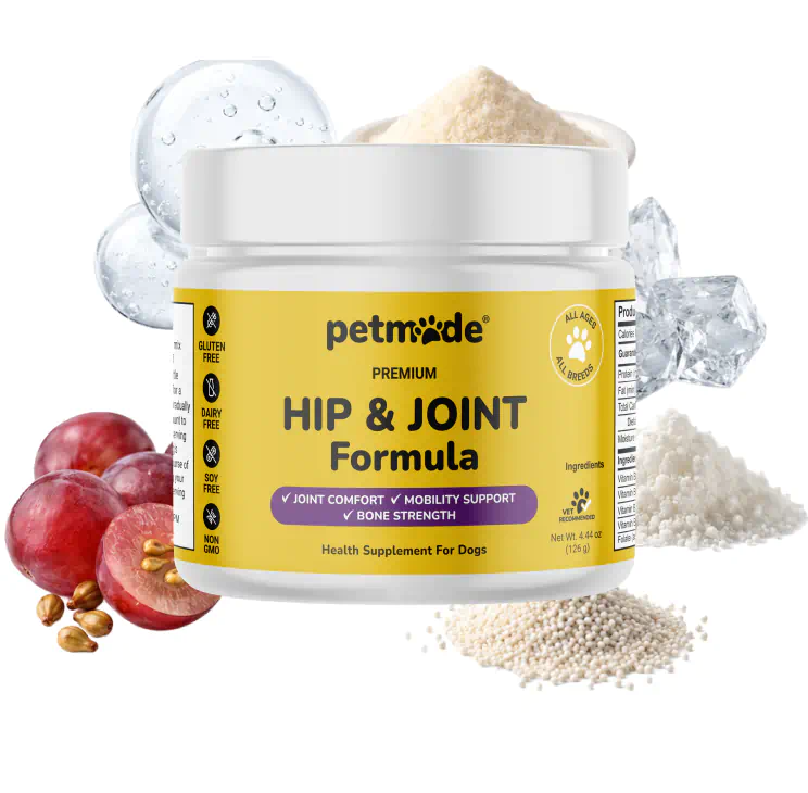 A jar of PetMade Premium Hip & Joint Formula for dogs with ingredients displayed around it