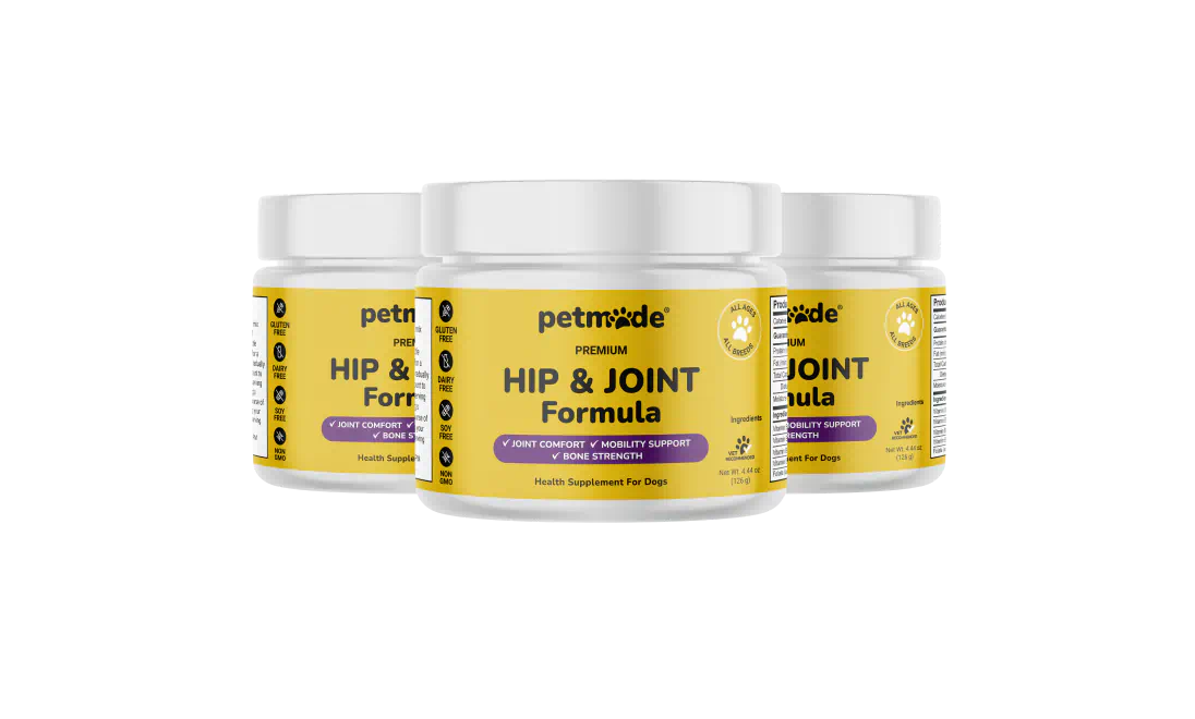 Three jars of PetMade Hip & Joint supplements