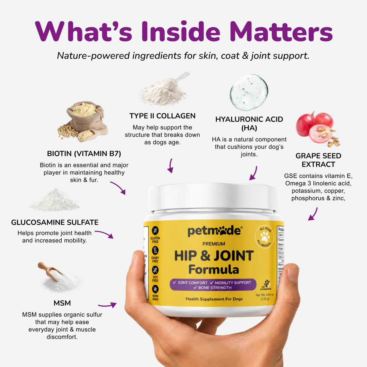 Infographic of the key ingredients in Hip & Joint Formula