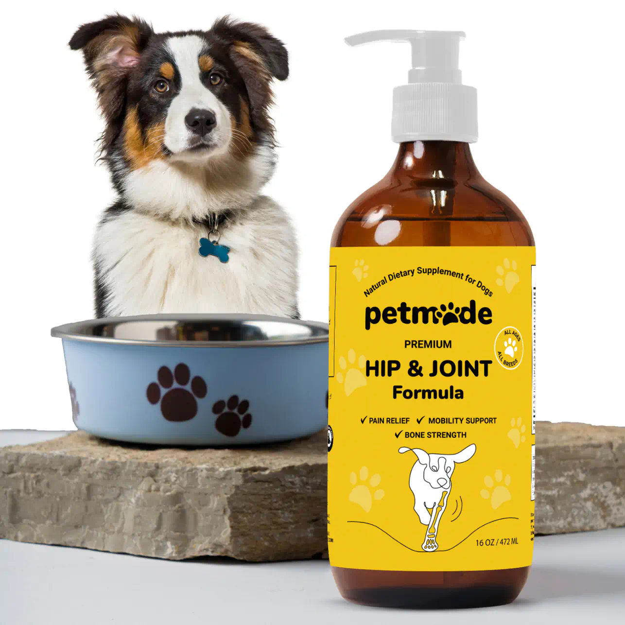 A bottle of Hip & Joint Formula with a pump dispenser, beside a dog sitting next to a bowl