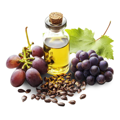 Bottle of grape seed oil with red and black grapes