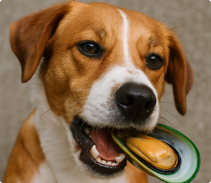 Dog holding a green-lipped mussel in its mouth