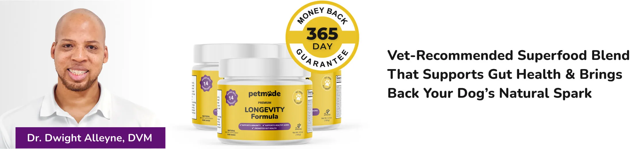PetMade Longevity banner with Dr. Dwight Alleyne