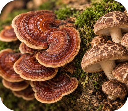 Close-up of Reishi and Shiitake mushrooms used for immune support
