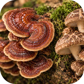 Close-up of Reishi and Shiitake mushrooms used for immune support