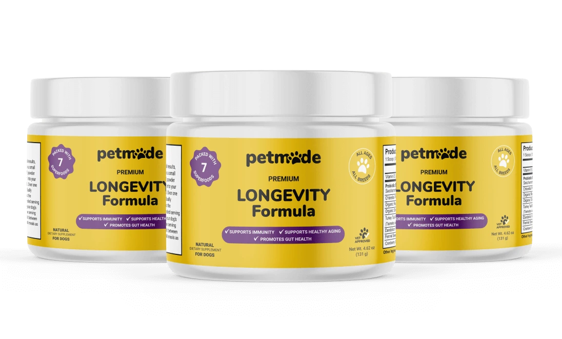 Three jars of PetMade Longevity Formula supplements