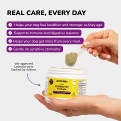 A jar of PetMade Longevity Formula