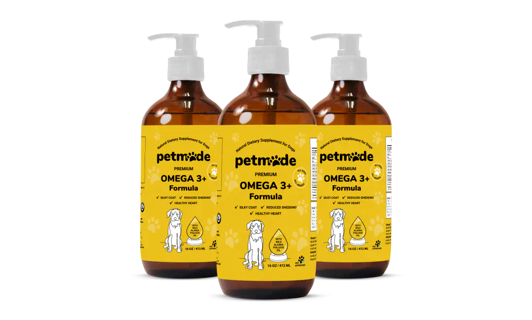 Three bottles of PetMade Omega 3+ supplements