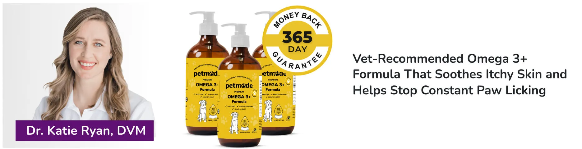 PetMade Omega 3+ banner with Dr. Katie Ryan