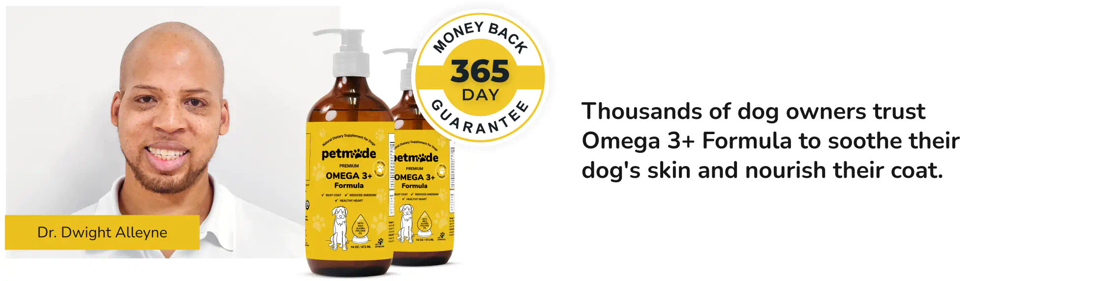 PetMade Omega 3+ banner with Dr. Dwight Alleyne