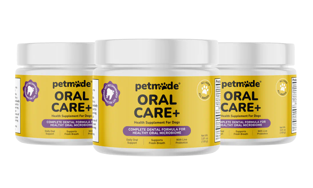 Three jars of PetMade Oral Care+ dog dental powder