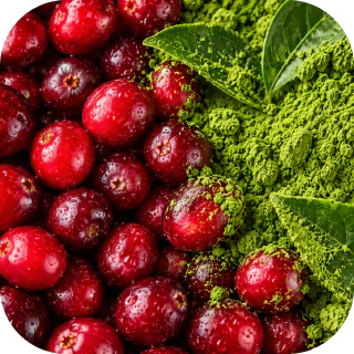 Fresh cranberries next to organic matcha powder