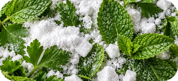Baking soda with fresh peppermint and parsley leaves