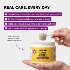 Hand holding a scoop of PetMade Oral Care+ powder
