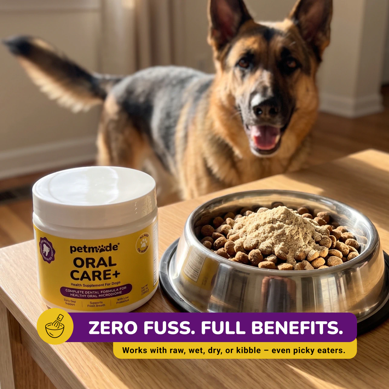 German Shepherd beside kibble topped with Oral Care+ powder