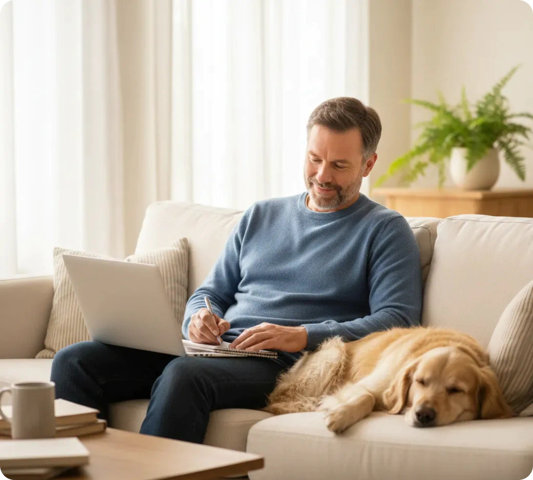 man and dog relaxing